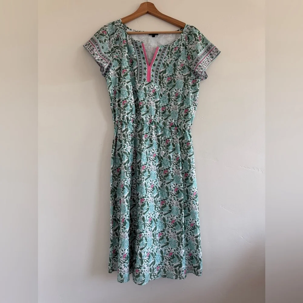 Talbots VOILE FIT FLARE floral smocked DRESS short sleeve PRIMROSE midi size 10 - Picture 2 of 10